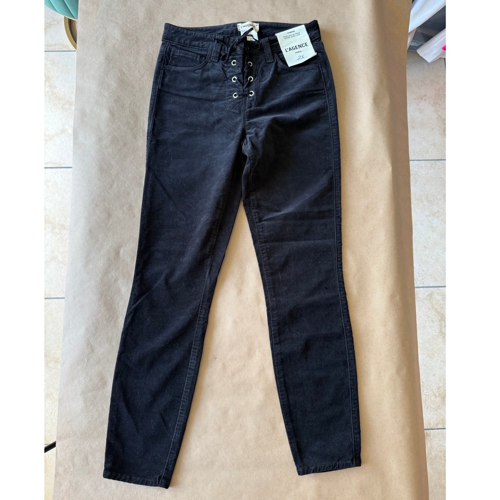L'AGENCE Black Cherie Front Lace Up Skinny Pants Womens 25 NEW Velvet Corduroy